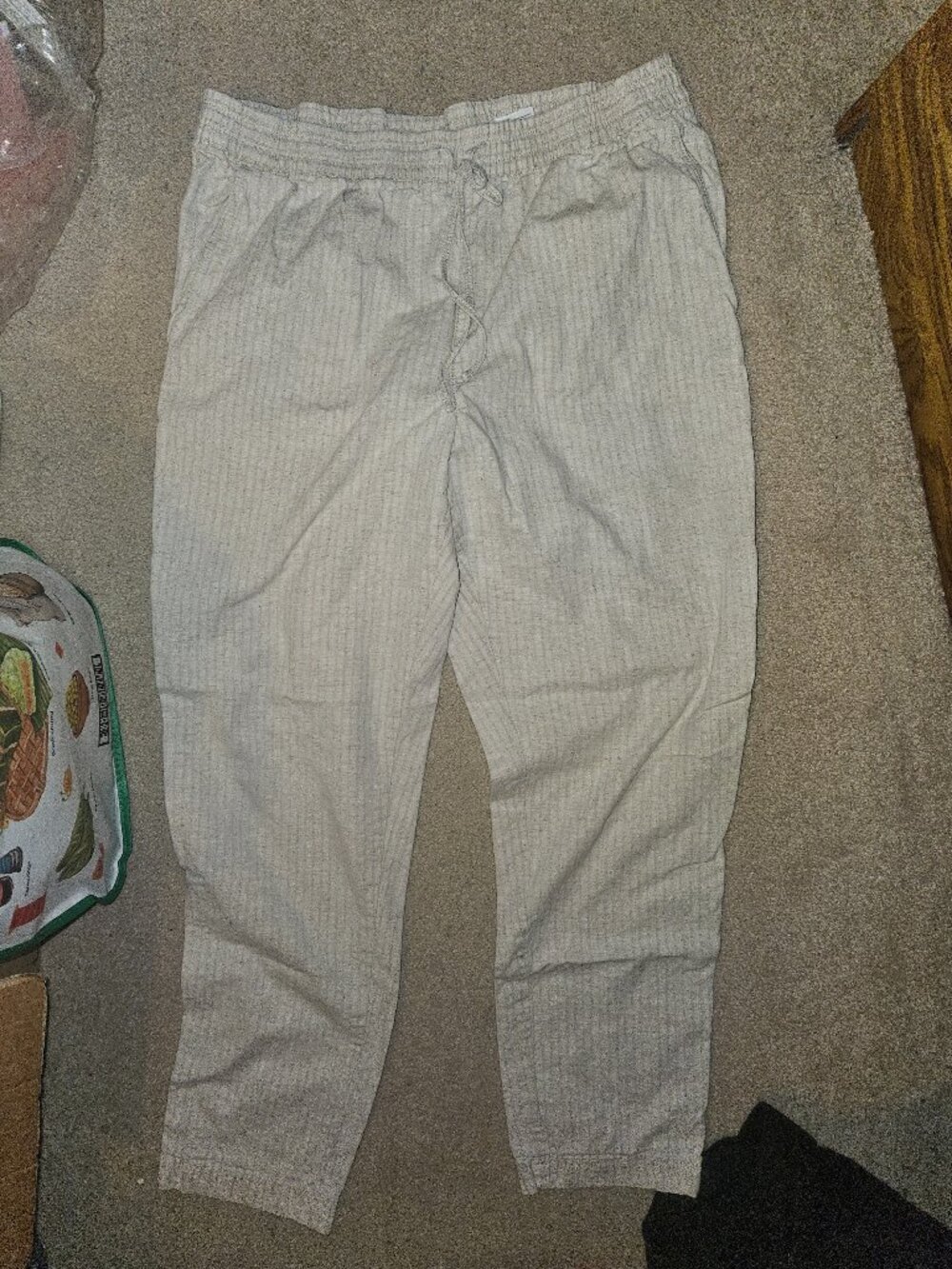 H&M Beige Pinstripe Boho Linen-Blend Drawstring Trousers Large Relax Fit (~xl)